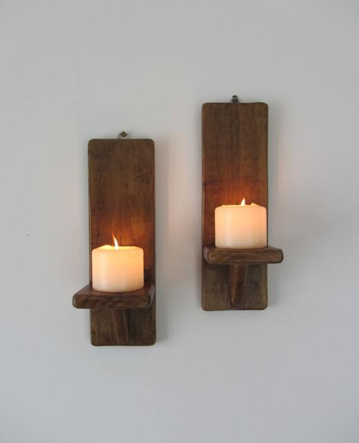 Pair Of Rustic Wood Wall Sconces Led Candle Holders 7 Colour Options - image 1