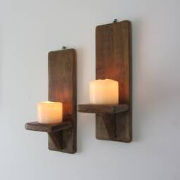 Pair Of Rustic Wood Wall Sconces Led Candle Holders 7 Colour Options - thumbnail 3