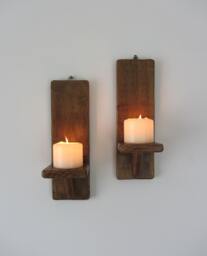 Pair Of Rustic Wood Wall Sconces Led Candle Holders 7 Colour Options - thumbnail 1