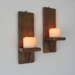 Pair Of Rustic Wood Wall Sconces Led Candle Holders 7 Colour Options - thumbnail 2