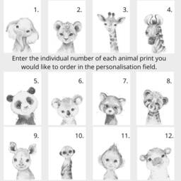 Choose Your Own Safari Animals Boy Girl Nursery Unframed Poster Prints in Grey Baby Gift Giraffe Elephant Lion Zebra Panda Koala Wall Art - thumbnail 2