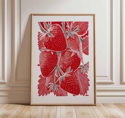 strawberry Poster, Bold Red Fruit Wall Art, Modern Botanical Print, Kitchen Decor Artwork, Fresh Summer Illustration - thumbnail 1