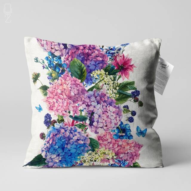 Hydrangea Floral Cushion Cover With Blue & Pink Colours - Double Sided Printing Throw Pillow On The Soft Chenille Different Sizes - image 1