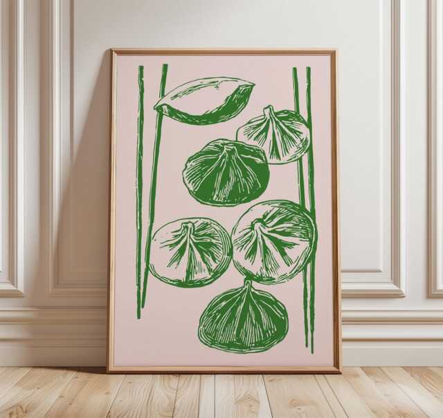 Dumpling Illustration Print, Pink Green Kitchen Wall Art, Asian Food Poster, Minimalist Linocut Decor - image 1