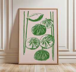 Dumpling Illustration Print, Pink Green Kitchen Wall Art, Asian Food Poster, Minimalist Linocut Decor - thumbnail 1
