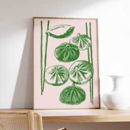 Dumpling Illustration Print, Pink Green Kitchen Wall Art, Asian Food Poster, Minimalist Linocut Decor - thumbnail 2