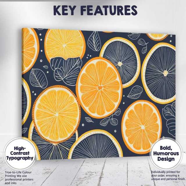 Dark Navy Orange Slice Citrus Fruit Repeat Pattern Canvas Wall Art Print Decor Picture Ready To Hang - image 1