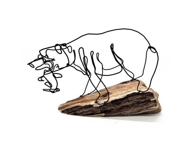 Bear With Fish Wire Sculpture, Driftwood Base - image 1