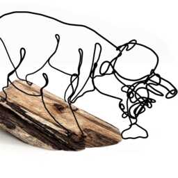 Bear With Fish Wire Sculpture, Driftwood Base - thumbnail 3