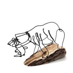 Bear With Fish Wire Sculpture, Driftwood Base - thumbnail 2