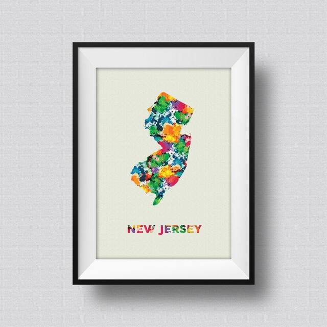 New Jersey Map Usa Watercolor Art Print Ink Splash Poster Canvas