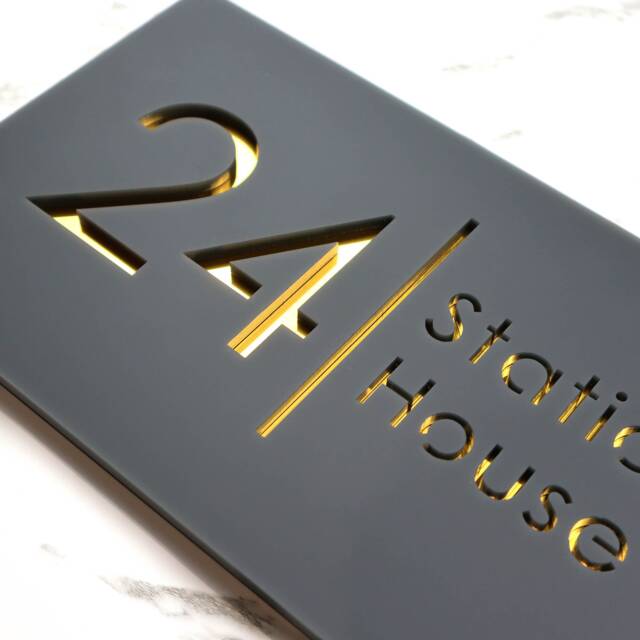 K Smart Sign - Bellissima H2 Laser Cut Matt Dark Gray Anthracite & Gold Mirror Floating House 300mm X 160mm - image 1