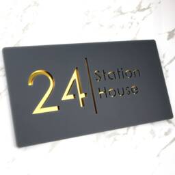 K Smart Sign - Bellissima H2 Laser Cut Matt Dark Gray Anthracite & Gold Mirror Floating House 300mm X 160mm - thumbnail 2