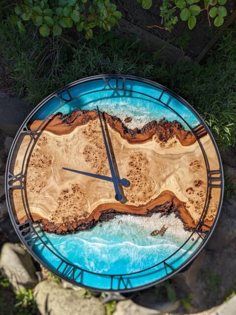 Oversized Resin Wall Clock Live Edge Wood, Ocean Theme - 27.5 - image 1