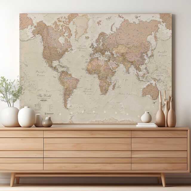 Antique Map Of The World - Canvas World Map, Home Decor, Wall Hanging, Push Pin Gift For Him, Her, Free Shipping - image 1