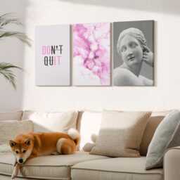 Canvas Set Of 3 Wall Art - Watercolor Abstraction Inspiring Slogan Ancient Sculpture, Pink Photo Print, Artwork Hanging Piece