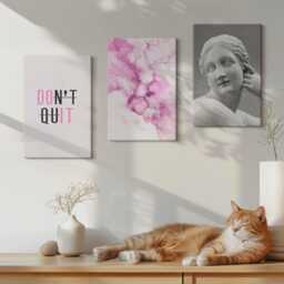 Canvas Set Of 3 Wall Art - Watercolor Abstraction Inspiring Slogan Ancient Sculpture, Pink Photo Print, Artwork Hanging Piece - thumbnail 3