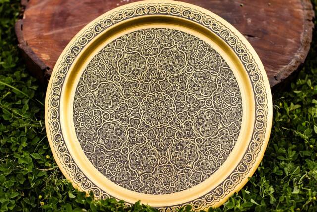 Hand Forged Brass Tray, Etched Islamic Art Antique Style, Oriental Geometry Patterns Wall Hanging Plate, Egyptian Works - image 1