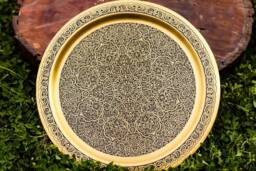 Hand Forged Brass Tray, Etched Islamic Art Antique Style, Oriental Geometry Patterns Wall Hanging Plate, Egyptian Works - thumbnail 1