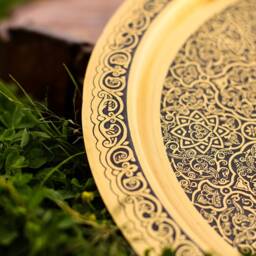 Hand Forged Brass Tray, Etched Islamic Art Antique Style, Oriental Geometry Patterns Wall Hanging Plate, Egyptian Works - thumbnail 2