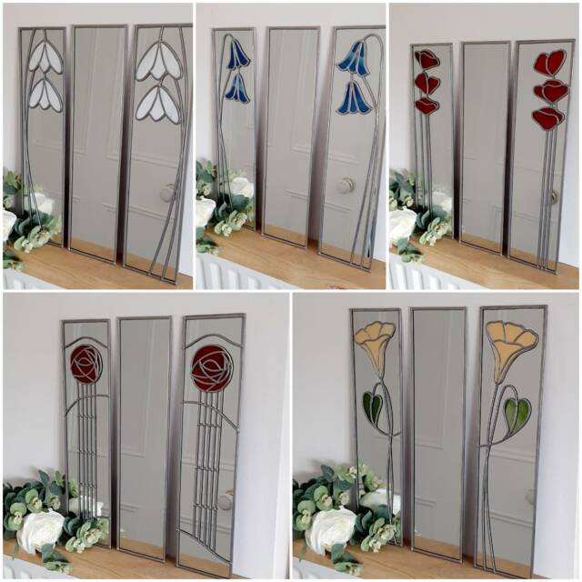 Catfish Glass Trio 15.5 X 61cms Rennie Mackintosh Inspired Stained Effect Mirrors With Simple Central Panel - image 1