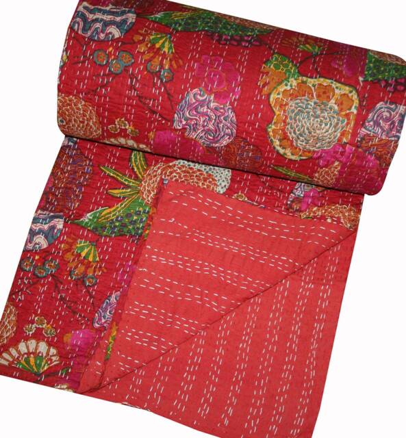 Red Fruit Print King Kantha Quilt Bohemian Cotton Bedspreadfloral Bedspread Throw - image 1