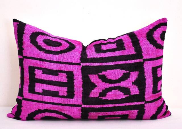 Handmade Silk Velvet Ikat Pillow Cover, Violet Black, Decorative Accent - image 1