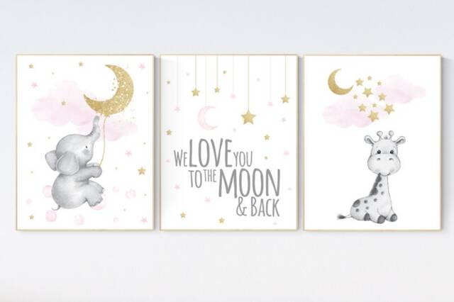 Giraffe & Elephant Nursery Print Set Pink & Gold Baby Room Decor - image 1