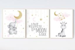 Giraffe & Elephant Nursery Print Set Pink & Gold Baby Room Decor - thumbnail 1