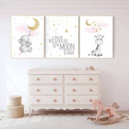 Giraffe & Elephant Nursery Print Set Pink & Gold Baby Room Decor - thumbnail 2