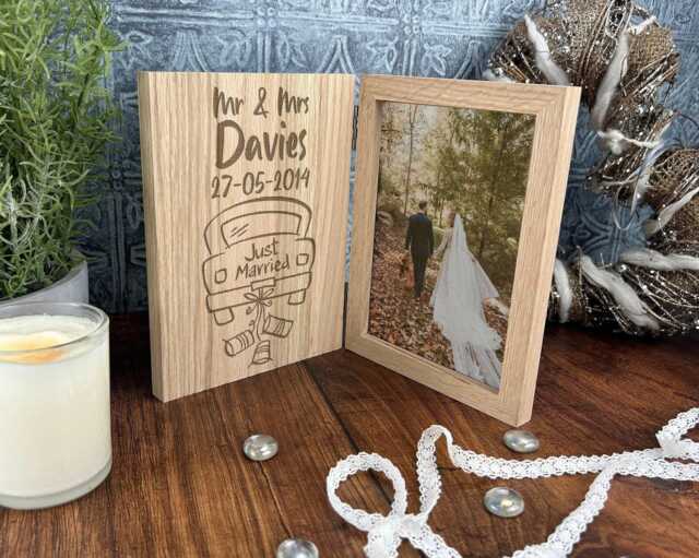 Just Married Car Design Photo Frame Personalised, Wedding - Anniversary Valentines Gift Happy Couple Daughter Son Friend Oak - image 1