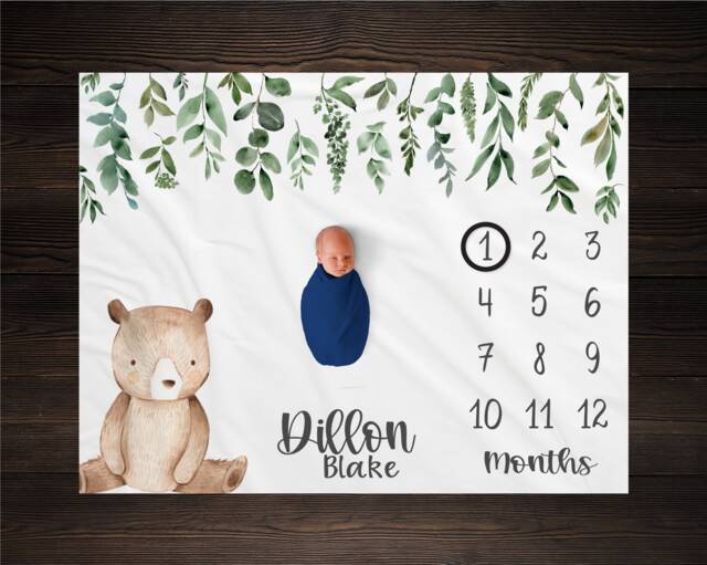 Bear Baby Milestone Blanket, Monthly Growth Tracker, Personalized Custom Shower Gift, New Boy - image 1