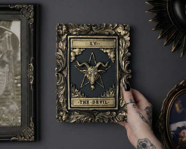 Handcrafted Devil Tarot Card Wall Art - Black Gold Unique Gothic Home Decor - image 1