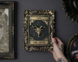 Handcrafted Devil Tarot Card Wall Art - Black Gold Unique Gothic Home Decor - thumbnail 1