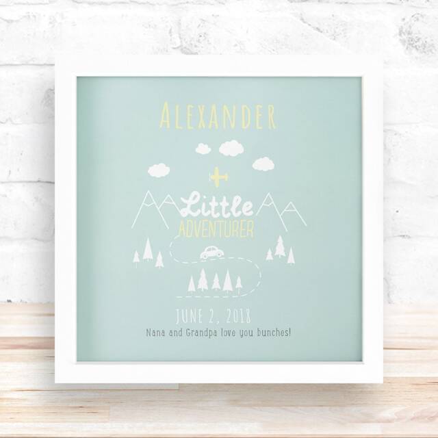 Little Adventurer Baby Personalized Sign, Multiple Backgrounds, Four Frame Finishes, Children, Birth Record, Nursery, Airplane - image 1