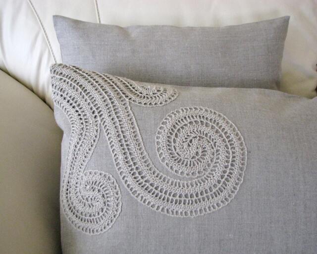 Lumbar Pillow Cover - Handmade Linen -Rustic Cushion - Decorated With Crochet - Country Chic Decor-Ooak - image 1