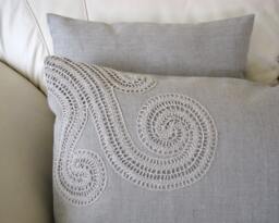 Lumbar Pillow Cover - Handmade Linen -Rustic Cushion - Decorated With Crochet - Country Chic Decor-Ooak