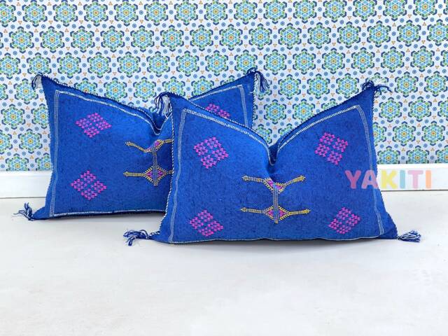 Yakiti-Blue Square Moroccan Pillows, Aka Cactus Silk Pillow, Decorative Pillows, Sabra Pillows, Moroccan Decor Designer Cactus - image 1