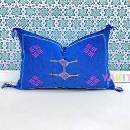 Yakiti-Blue Square Moroccan Pillows, Aka Cactus Silk Pillow, Decorative Pillows, Sabra Pillows, Moroccan Decor Designer Cactus - thumbnail 3