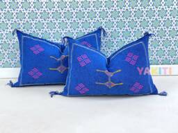 Yakiti-Blue Square Moroccan Pillows, Aka Cactus Silk Pillow, Decorative Pillows, Sabra Pillows, Moroccan Decor Designer Cactus