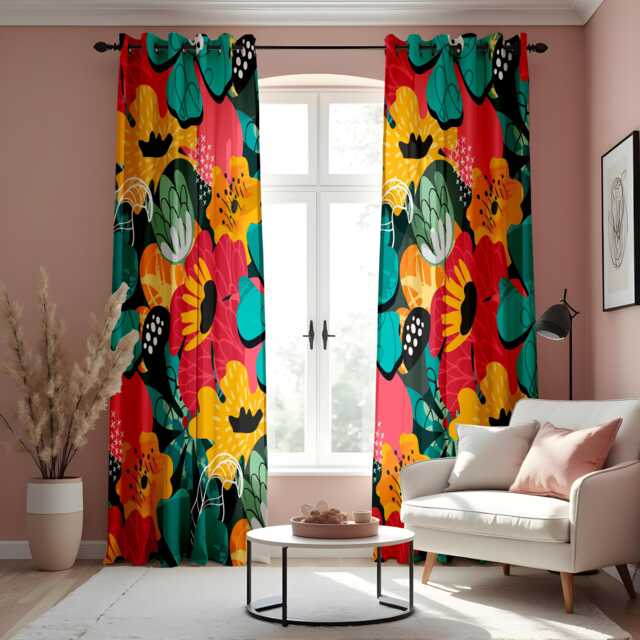Bold Abstract Floral Curtains, Colorful Boho Flower Print Drapes, Vibrant Modern Window Treatment, Custom Length Panel Curtains - image 1