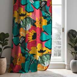 Bold Abstract Floral Curtains, Colorful Boho Flower Print Drapes, Vibrant Modern Window Treatment, Custom Length Panel Curtains - thumbnail 3