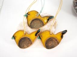 Hand-Glazed Yellow Ceramic Bird Decor Wall Hanging Ornaments, Set Of 3