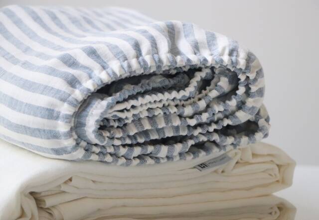 Striped Linen Fitted Sheet, White & Blue, Stonewashed Organic Bed Natural Bedding - image 1