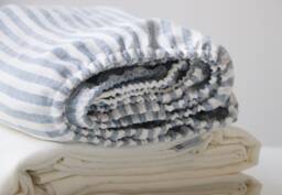 Striped Linen Fitted Sheet, White & Blue, Stonewashed Organic Bed Natural Bedding