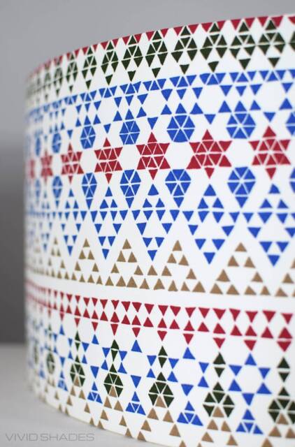 Scandinavian Fabric Lampshade 40cm, 45cm Or 50cm By Vivid Shades, Modern Retro Stylish Funky Scandi Pattern Custom Made Drum Shade Blue Red - image 1