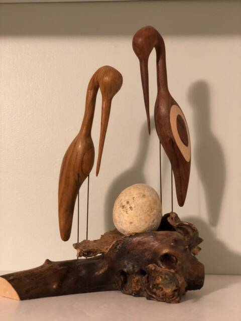 Handmade Wood Carving Of Heron Parents With Egg - image 1
