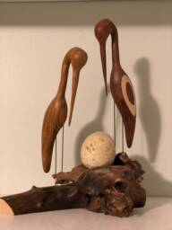 Handmade Wood Carving Of Heron Parents With Egg - thumbnail 1