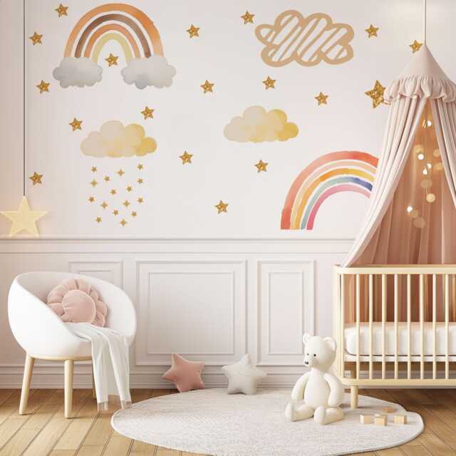 Rainbow Wall Decals Nursery, Stickers, Boho Nursery Decor, Cloud Decals, Star Peel & Stick Decor - image 1