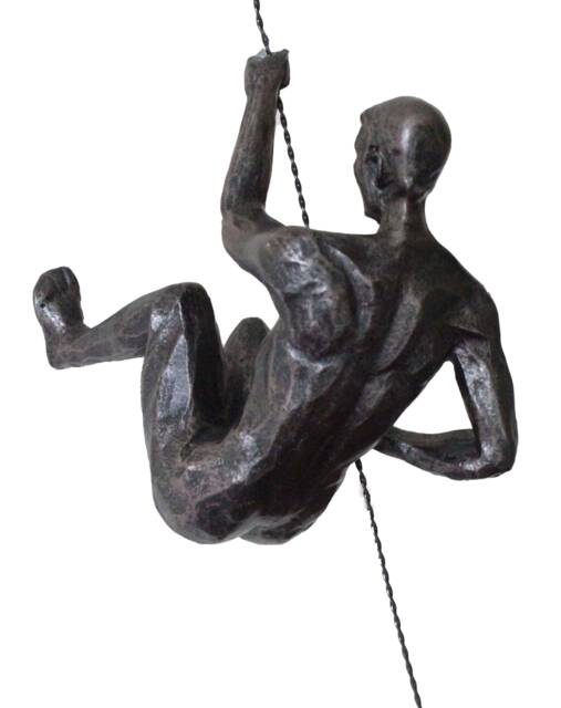 Large Bronze Colour Climbing Abseiling Man Hanging On Wire With Left Arm Up Ornament Figure Climber Wall Statue Rock Buddy - image 1